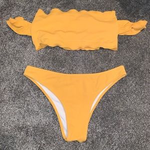 yellow off the shoulder ribbed bikini